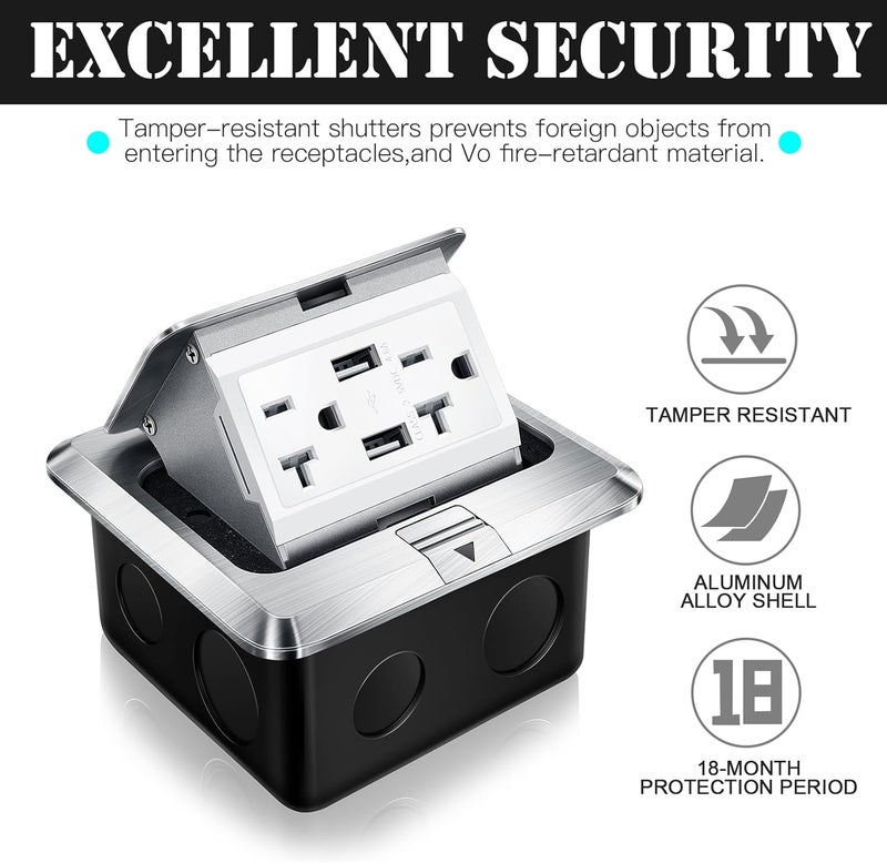 Hoolerry طقم صندوق غطاء مخرج كهربائي طافي للأرض مع شاحن USB 4.8A 20 أمبير مقاوم للماء والطقس ومخرج مقاوم للتلاعب للاستخدام المنزلي (فضي) - Image 4